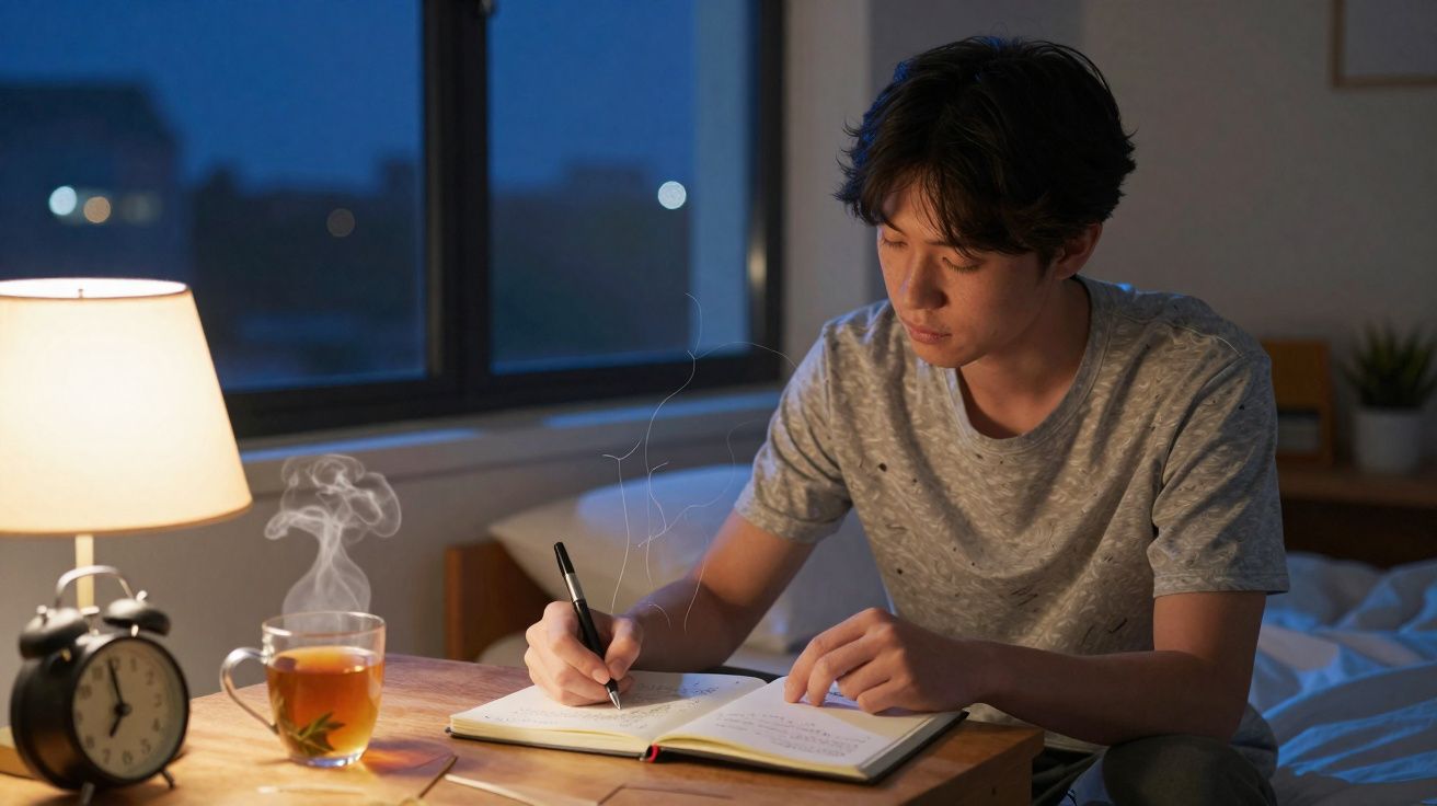 Jovem sentado à mesa a escrever num caderno, com chá quente e luz de candeeiro ao entardecer.