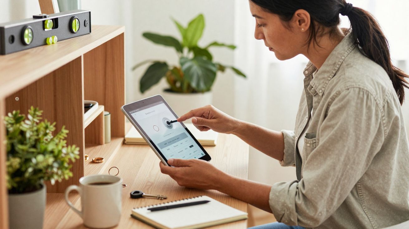 Mulher sentada numa secretária a usar tablet para controlar smart home, com plantas e caderno à frente.