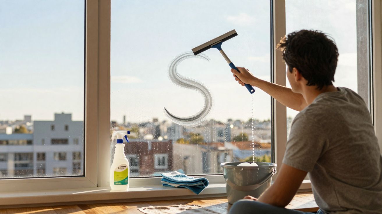 Pessoa a limpar vidraça com rodinho formando a letra S, junto a balde, pano e spray de limpeza.