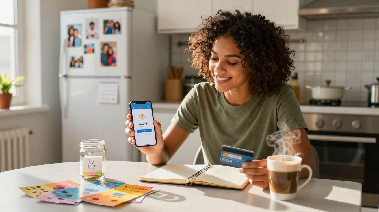 Mulher sentada à mesa com cartão de crédito e telemóvel a mostrar app de confirmação num ambiente de cozinha.