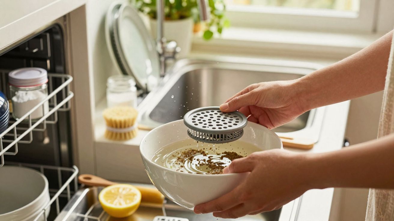 Mãos a limpar pratos com tempero e limão junto a uma pia e máquina de lavar loiça aberta.