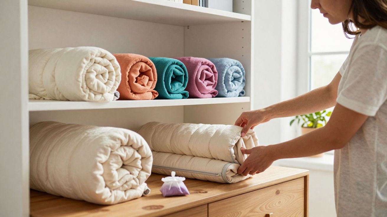 Pessoa a arrumar edredões coloridos e creme numa prateleira branca junto a uma janela.