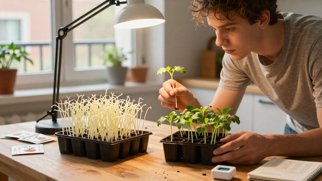Jovem a cuidar de plantas jovens em tabuleiros com luz artificial numa mesa de madeira.