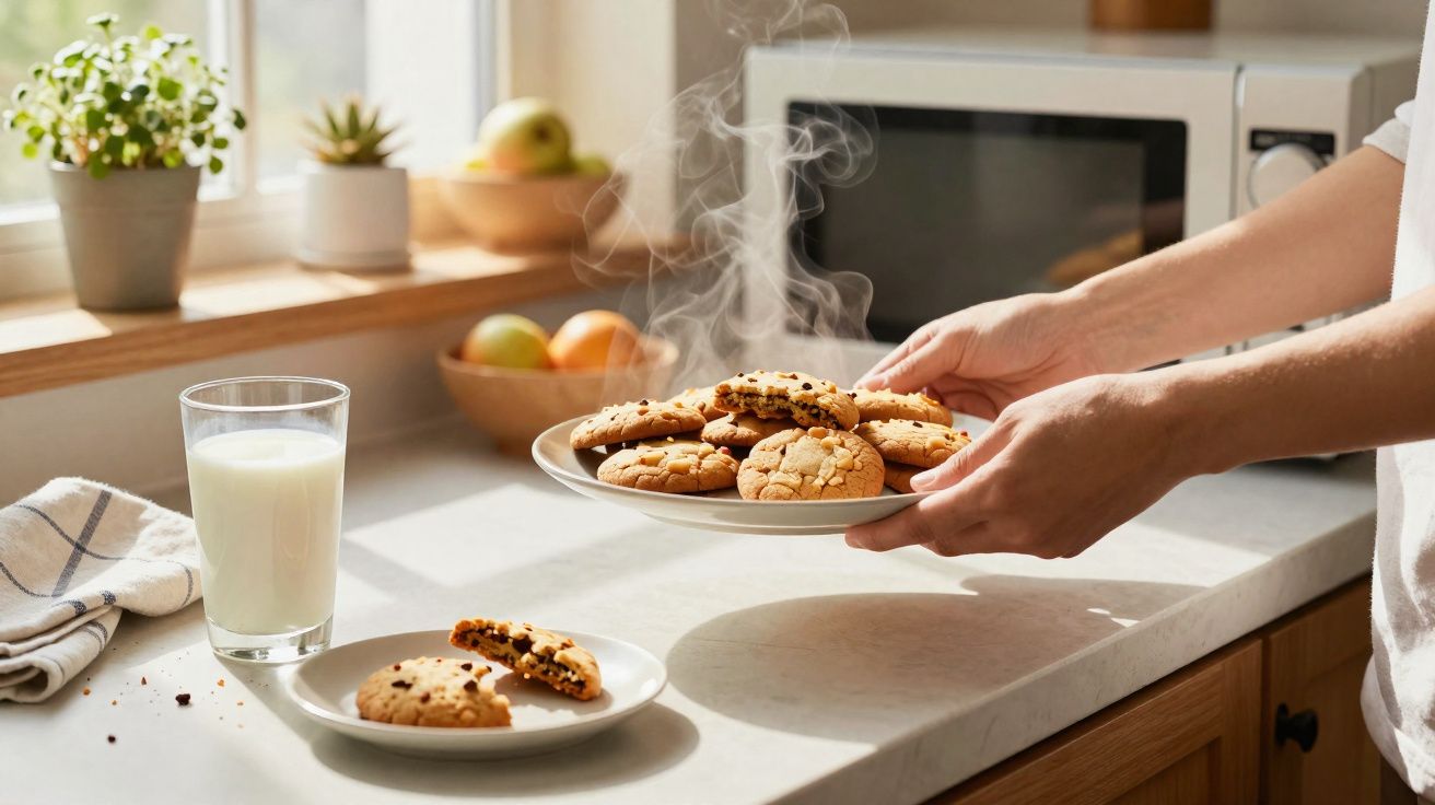 Mãos a servir biscoitos quentes numa cozinha iluminada com um copo de leite e plantas na janela.
