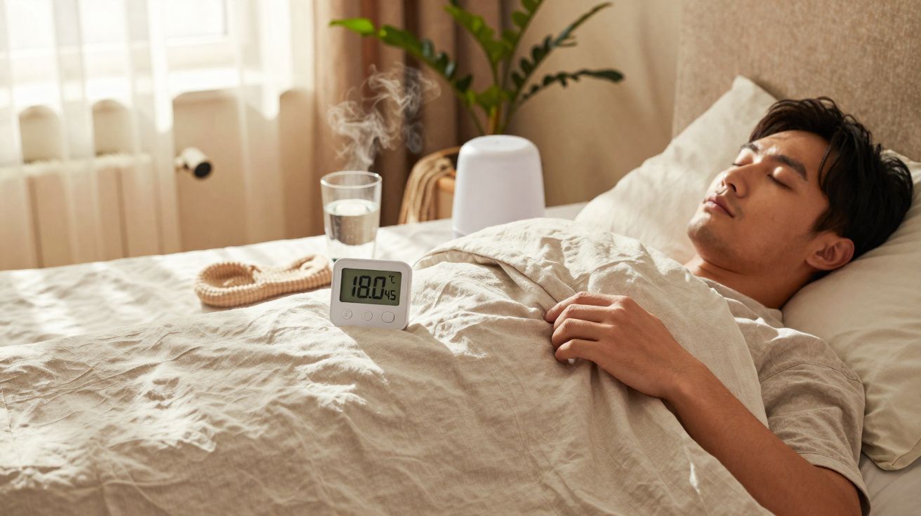 Homem deitado na cama coberto com manta, digitalizador a mostrar 18°C ao seu lado.