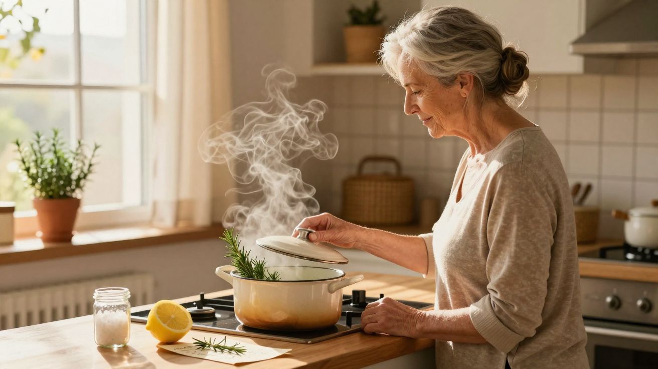 Mulher idosa a levantar a tampa de panela com vapor numa cozinha luminosa e moderna.