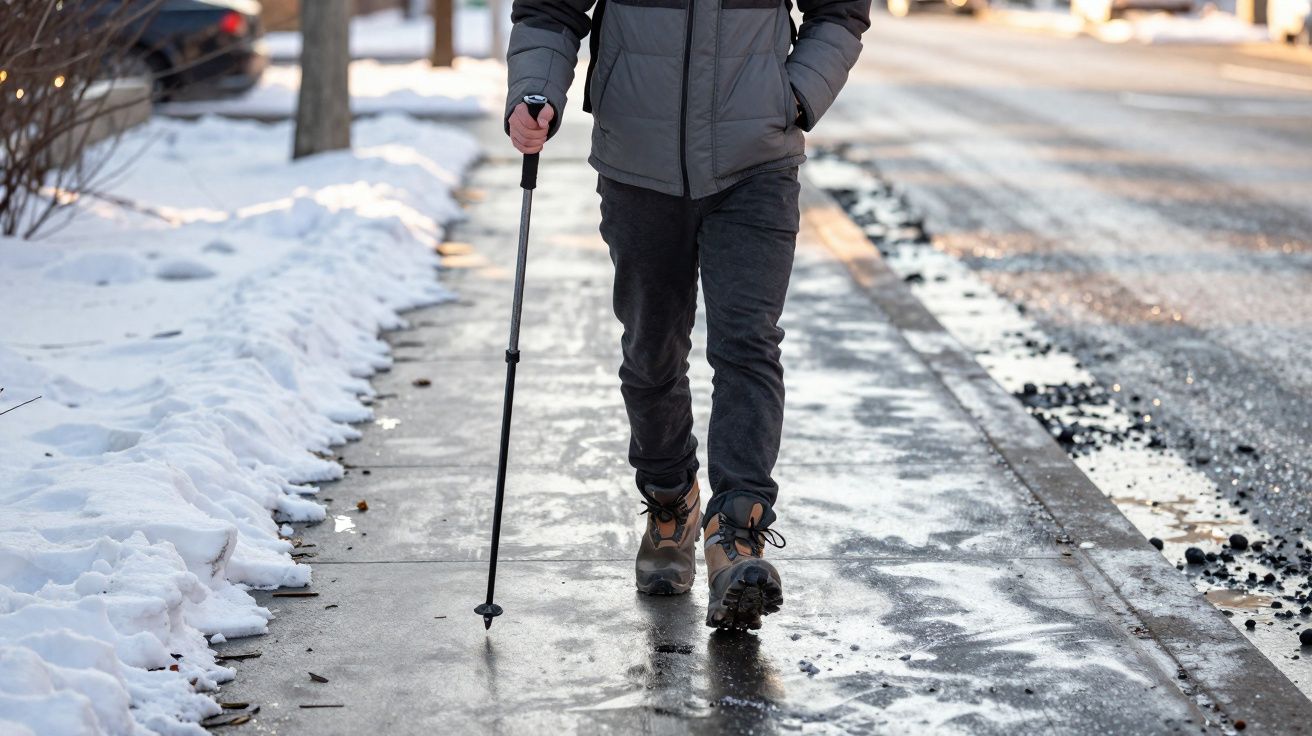 Pessoa a caminhar numa calçada gelada usando bastão de caminhada, com neve ao lado.