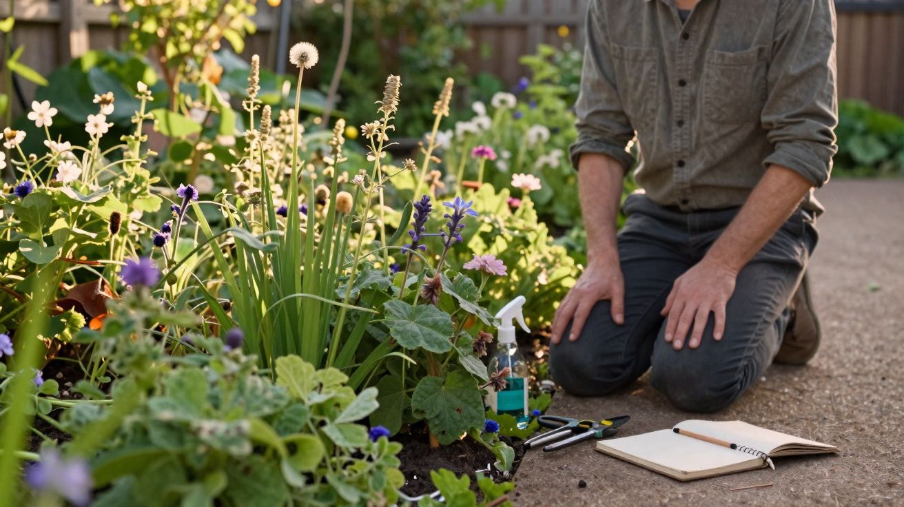 Pessoa ajoelhada a cuidar de um jardim com flores coloridas e caderno aberto ao lado num dia ensolarado.