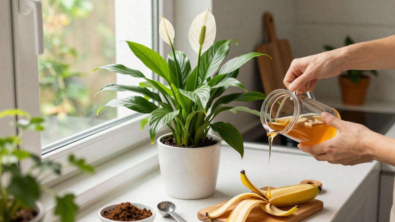 Pessoa a verter mel sobre uma banana cortada ao meio numa cozinha luminosa junto a uma planta em vaso branco.