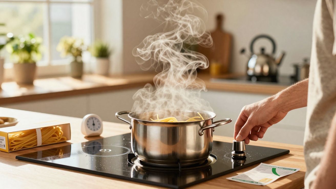 Panela com massa a ferver num fogão elétrico na cozinha com vapor a subir e mão a ajustar o botão.