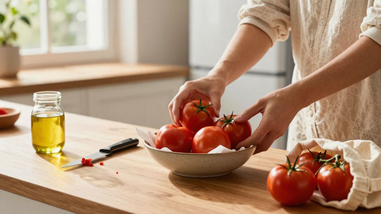 Pessoa a pôr tomates numa tigela sobre uma bancada de cozinha com faca e frasco de azeite ao lado.