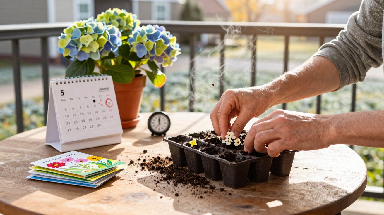 Mãos a plantar sementes em tabuleiro com terra, sobre mesa de madeira com flores, calendário e relógio.