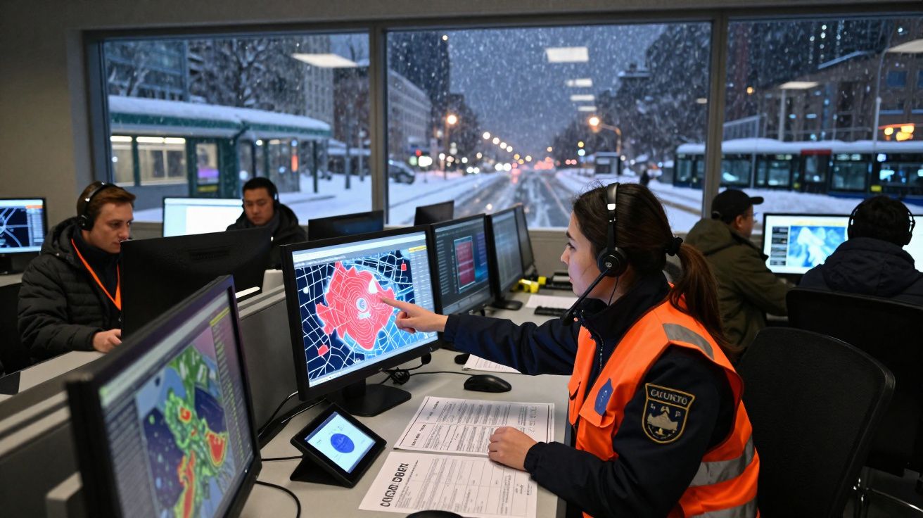 Sala de controlo com pessoal a monitorizar mapas digitais e a responder a emergências durante tempestade de neve.
