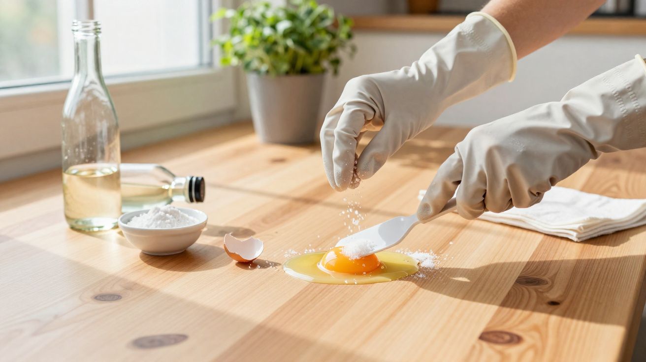 Mãos com luvas a polvilhar sal num ovo partido numa bancada de madeira com ingredientes ao lado.