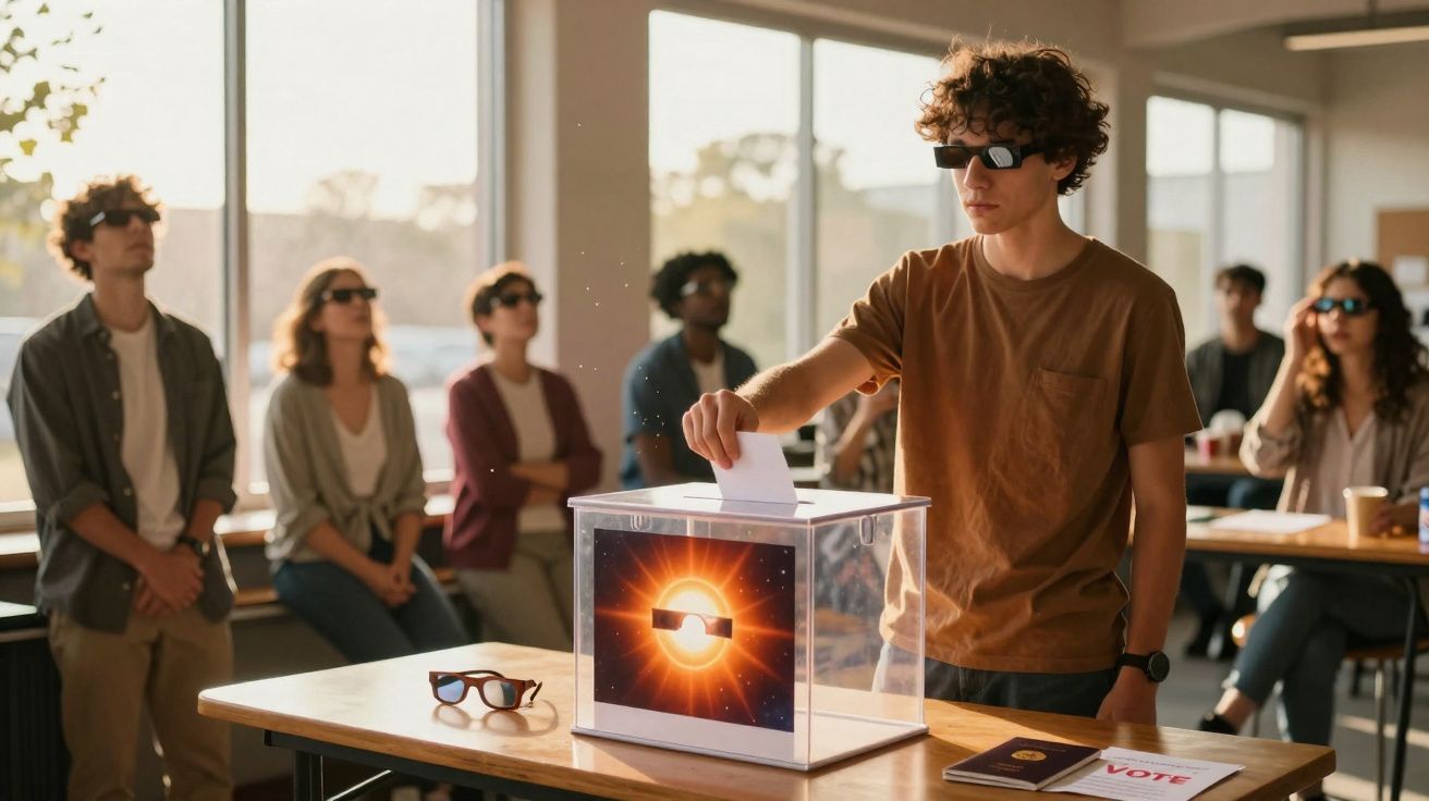 Jovem a votar numa urna transparente com outros jovens de óculos escuros a observar numa sala luminosa.