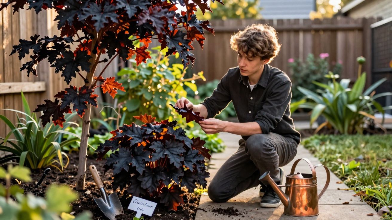 Jovem a cuidar de uma planta com folhas vermelhas escuras num jardim ensolarado.