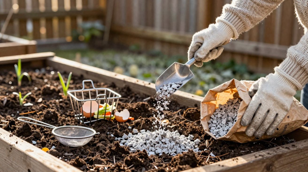 Mãos com luvas a espalhar adubo granulado na terra de um canteiro de cultivo com ferramentas de jardinagem.