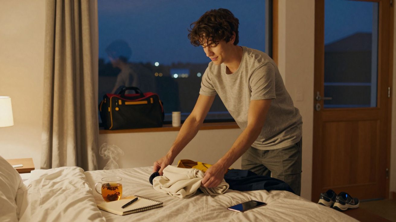 Jovem a arrumar roupa num quarto iluminado à noite, com chá quente e caderno na cama.