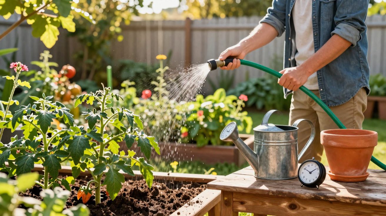 Pessoa rega plantas num jardim com água a jorrar de mangueira perto de regador e relógio.