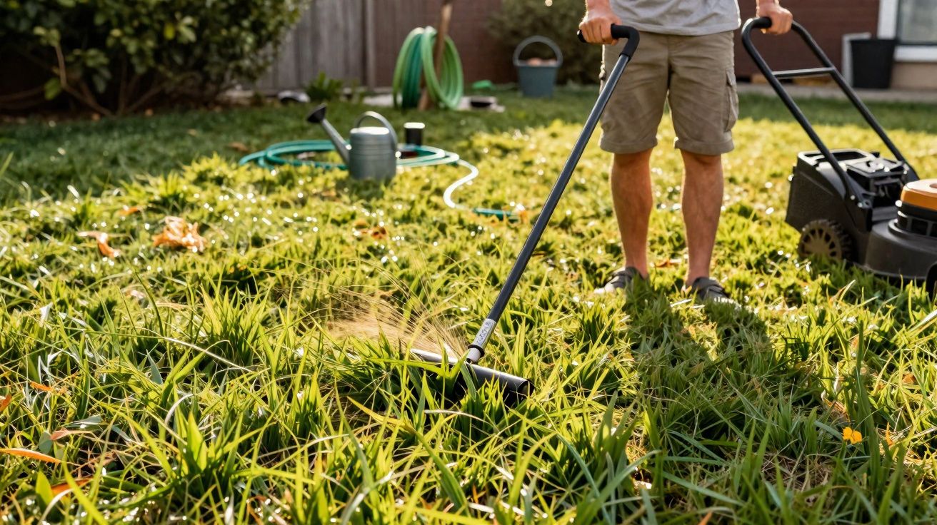 Pessoa a cortar relva alta com aparador num jardim com mangueira e corta-relvas ao fundo.