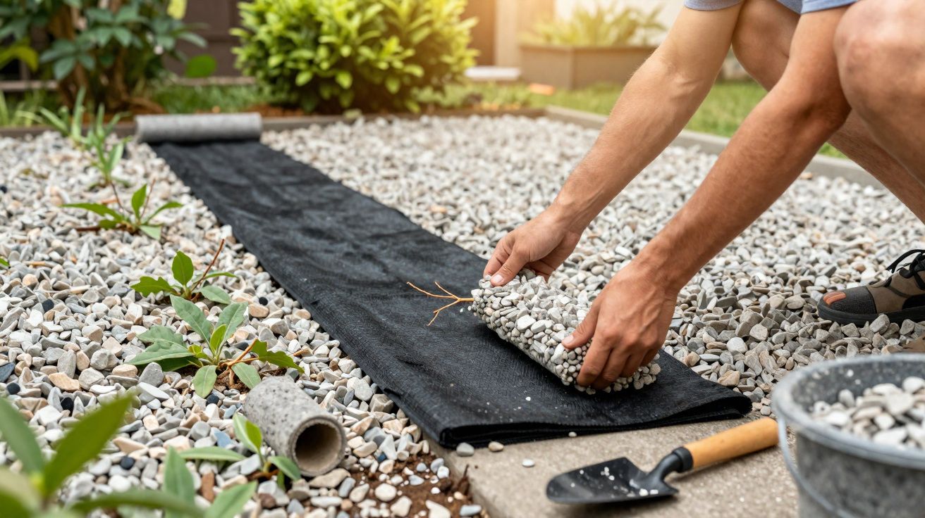 Pessoa a colocar pedras brancas sobre tela para jardinagem num espaço exterior com plantas e ferramentas.