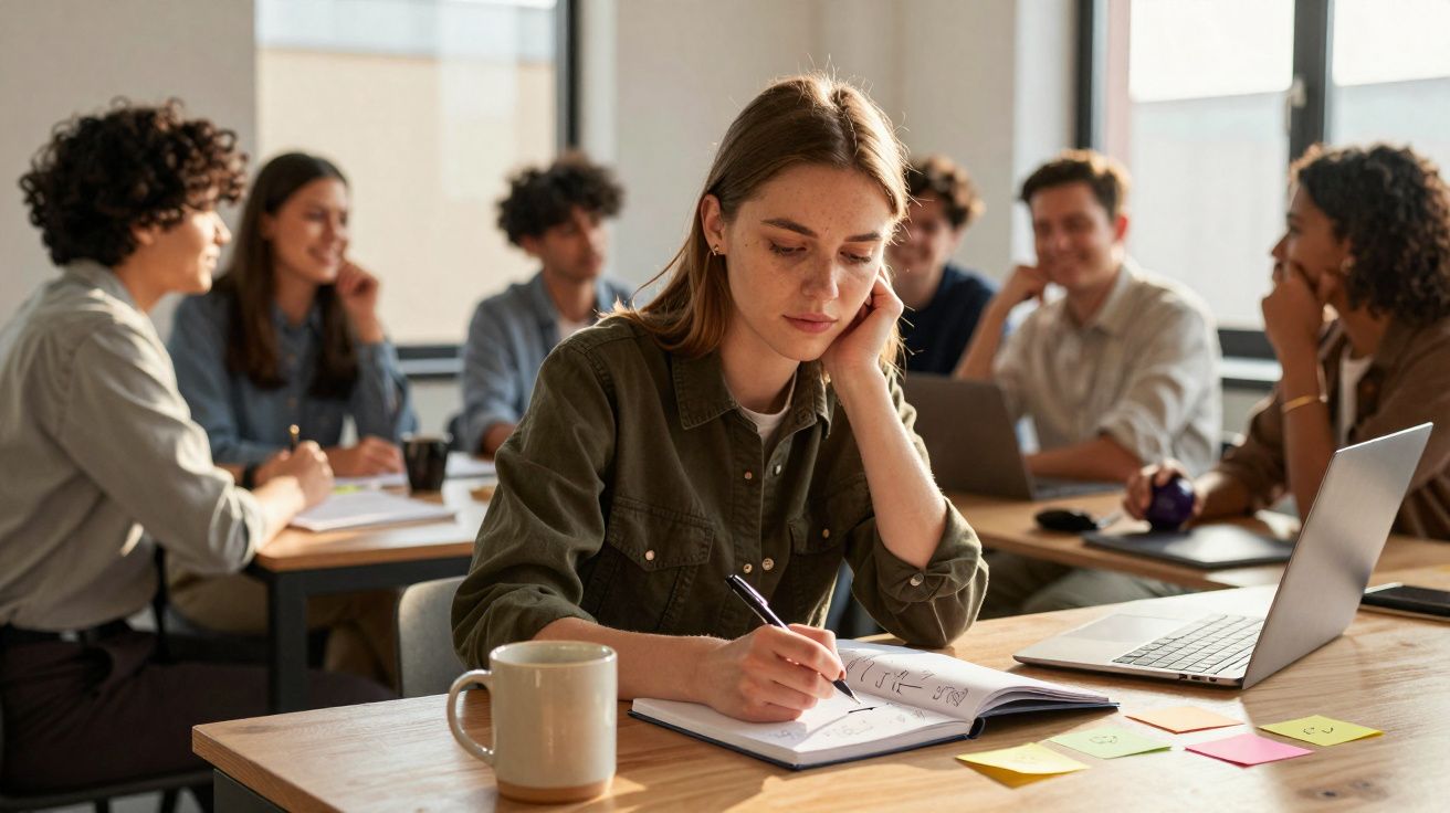 Jovem mulher a estudar concentrada numa mesa com caderno, caneca e pessoas a conversar ao fundo num ambiente de escritório.