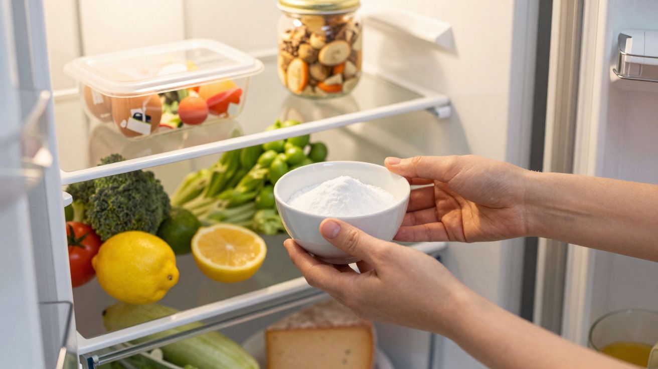 Mãos a colocar taça com pó branco na prateleira de frigorífico aberto com frutas e legumes.