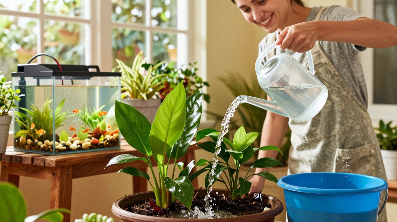 Mulher sorridente a regar plantas com regador transparente num interior luminoso.
