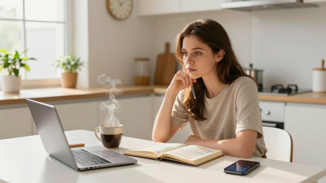 Mulher jovem a estudar em cozinha moderna com laptop, caderno, telemóvel e chá quente.