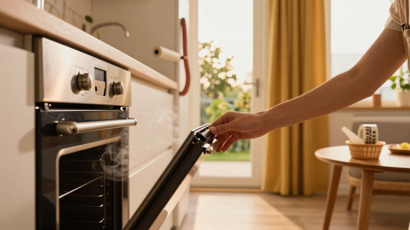Mão a abrir forno quente com vapor visível numa cozinha luminosa e moderna com janela e mesa ao fundo.