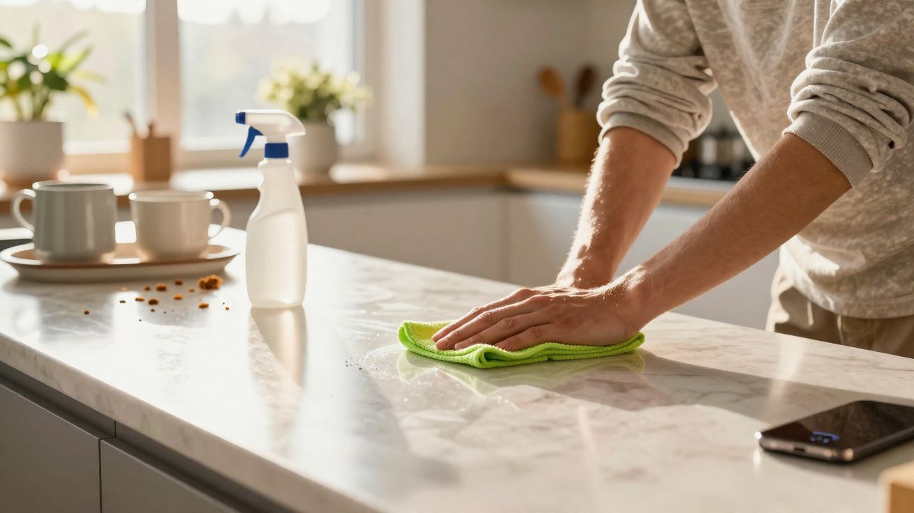 Pessoa a limpar bancada de cozinha com pano verde e pulverizador branco, telefone e chávenas numa superfície limpa.