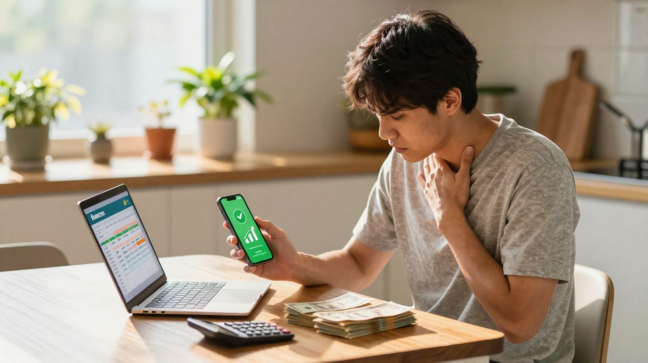 Homem jovem sentado à mesa com computador, telemóvel e dinheiro, preocupado com finanças pessoais.
