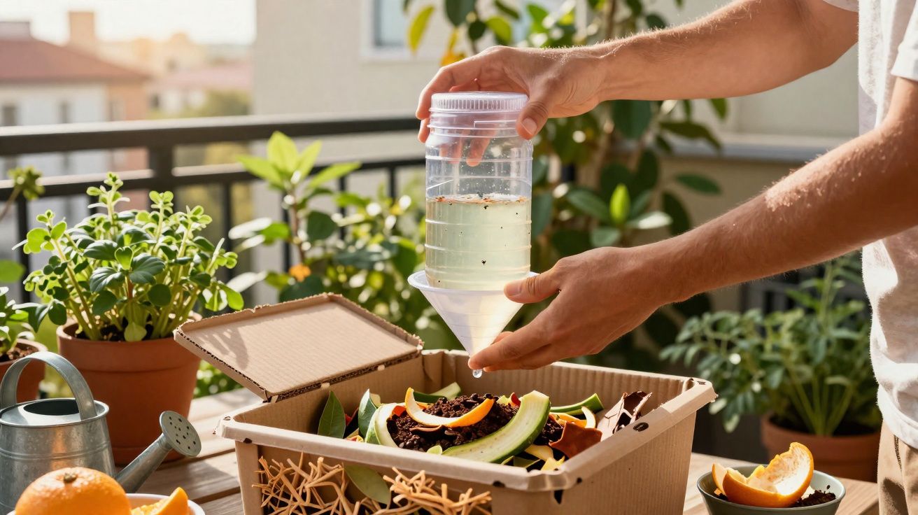 Pessoa a adicionar líquido a composteira doméstica com restos orgânicos em varanda com plantas.