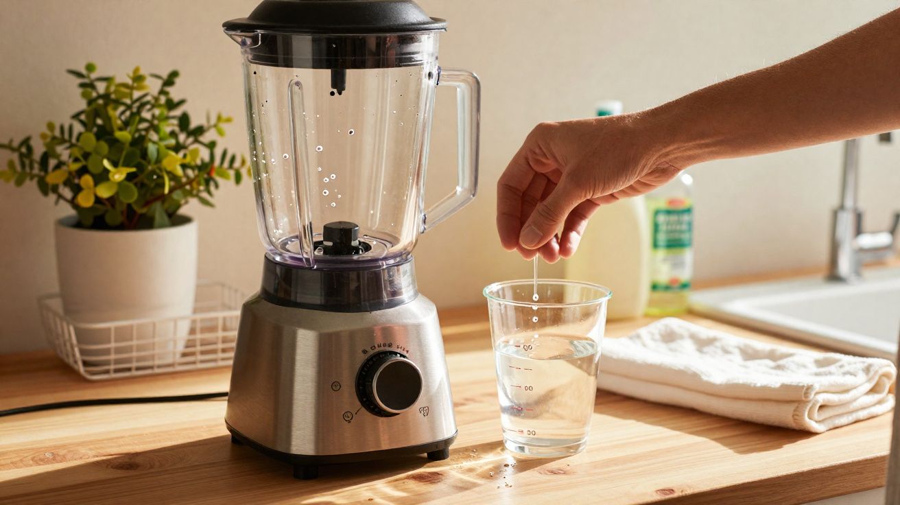 Torradeira em bancada de cozinha ao lado de copo com comprimido efervescente e mão a colocar comprimido no copo.