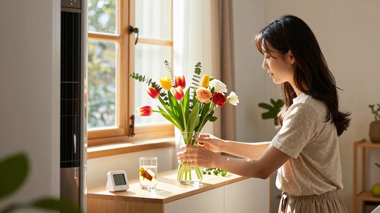 Mulher arruma flores coloridas num jarro transparente junto a uma janela com luz natural.
