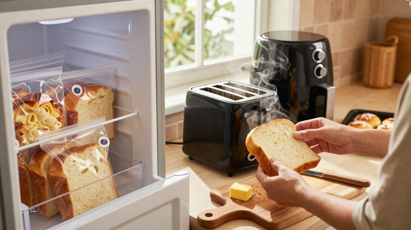 Mãos seguram fatia de pão quente fora da torradeira numa cozinha com pacotes de pão no frigorífico.