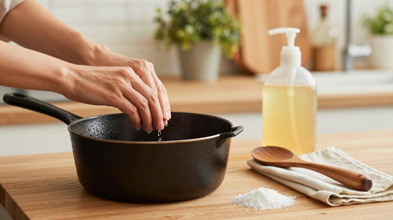 Mão a temperar com sal uma panela preta sobre bancada de madeira na cozinha.