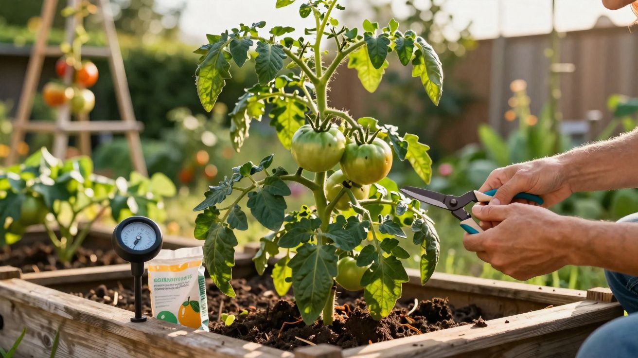 Pessoa a podar uma planta de tomate verde numa horta urbana com canteiro elevado de madeira.