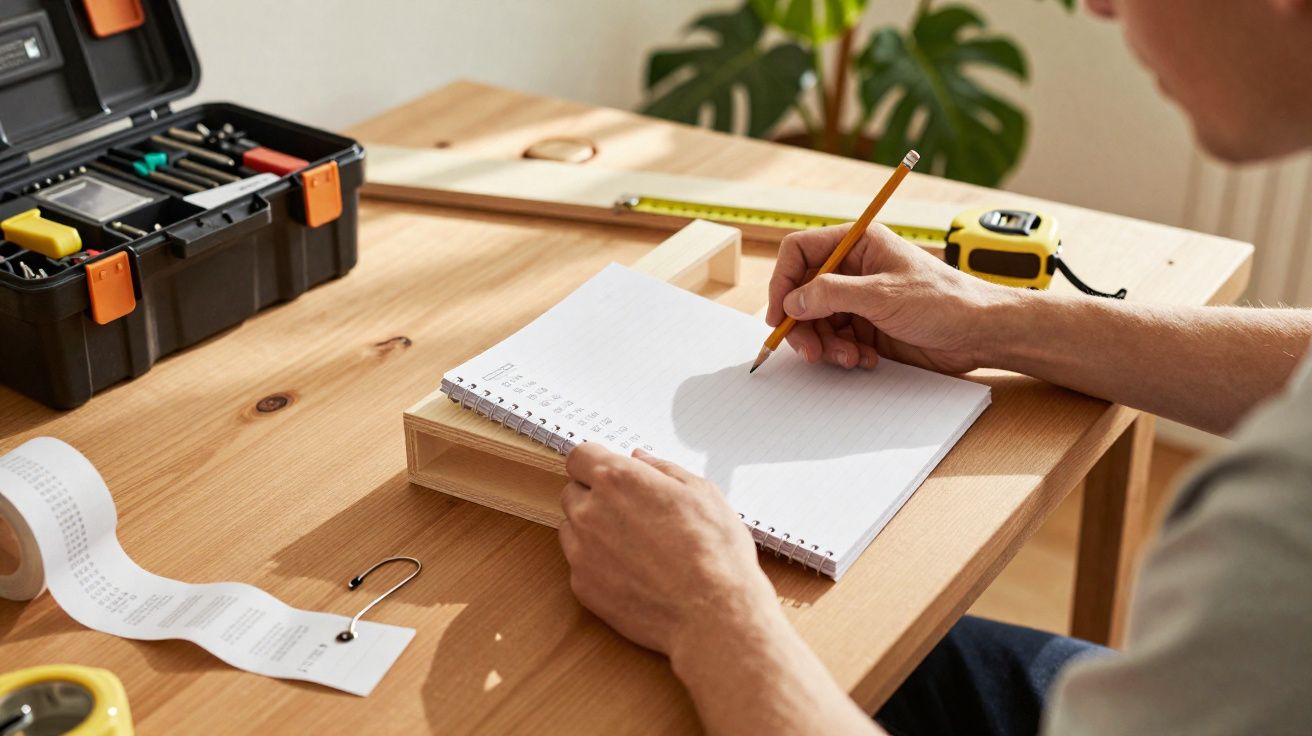 Pessoa a escrever numa caderneta sobre uma mesa de madeira com ferramentas de carpintaria por perto.