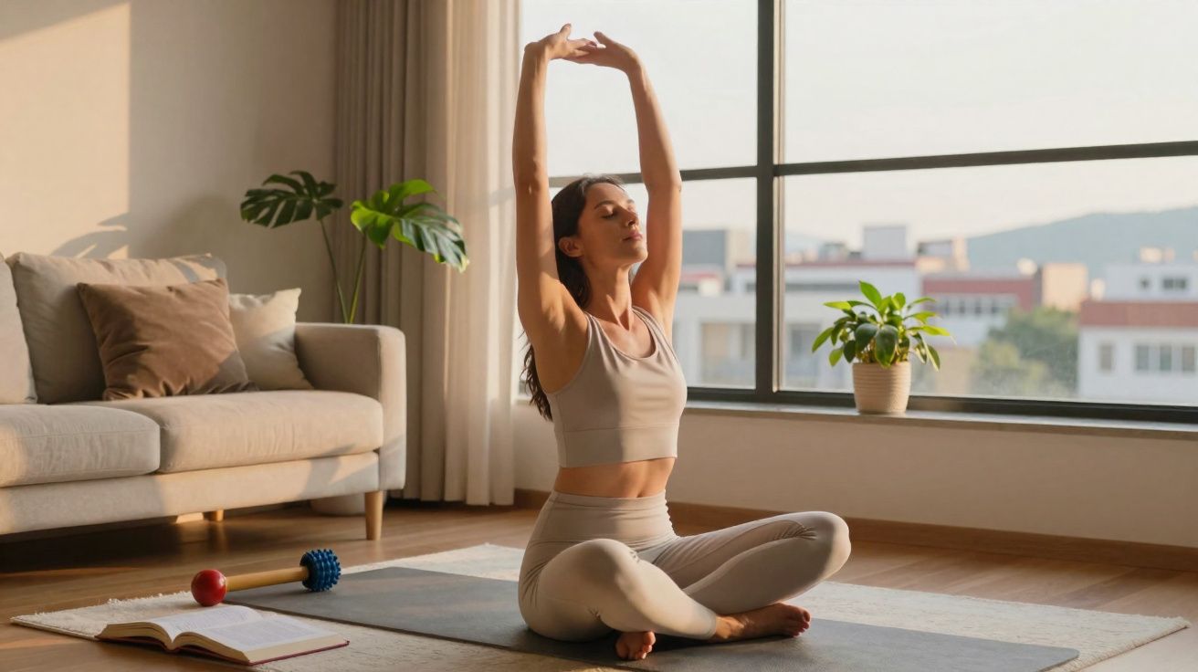 Mulher a praticar yoga sentada em tapete em sala de estar com sofá e plantas junto a janela grande.