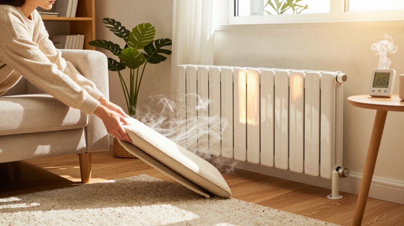 Pessoa tirando almofada do chão junto a radiador ligado numa sala iluminada.