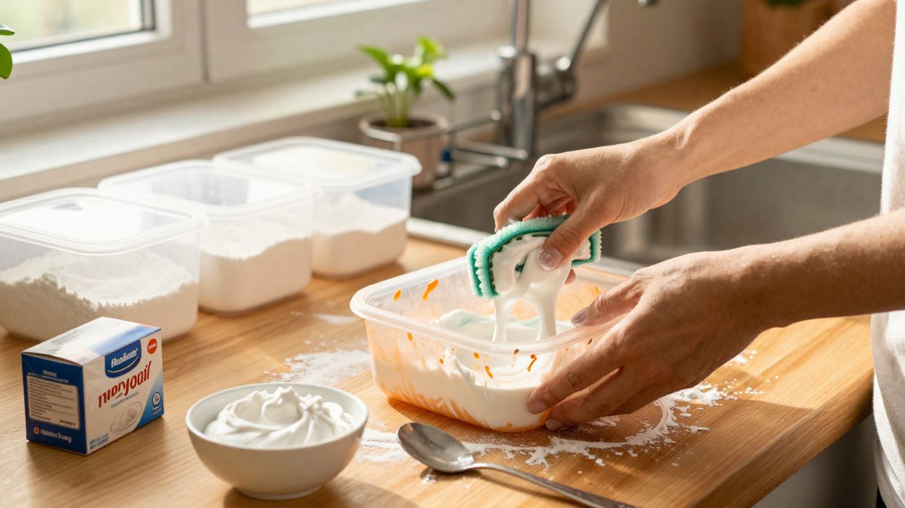 Mãos a lavar um recipiente de plástico com uma esponja, perto de tigela com chantilly e ingredientes na bancada.