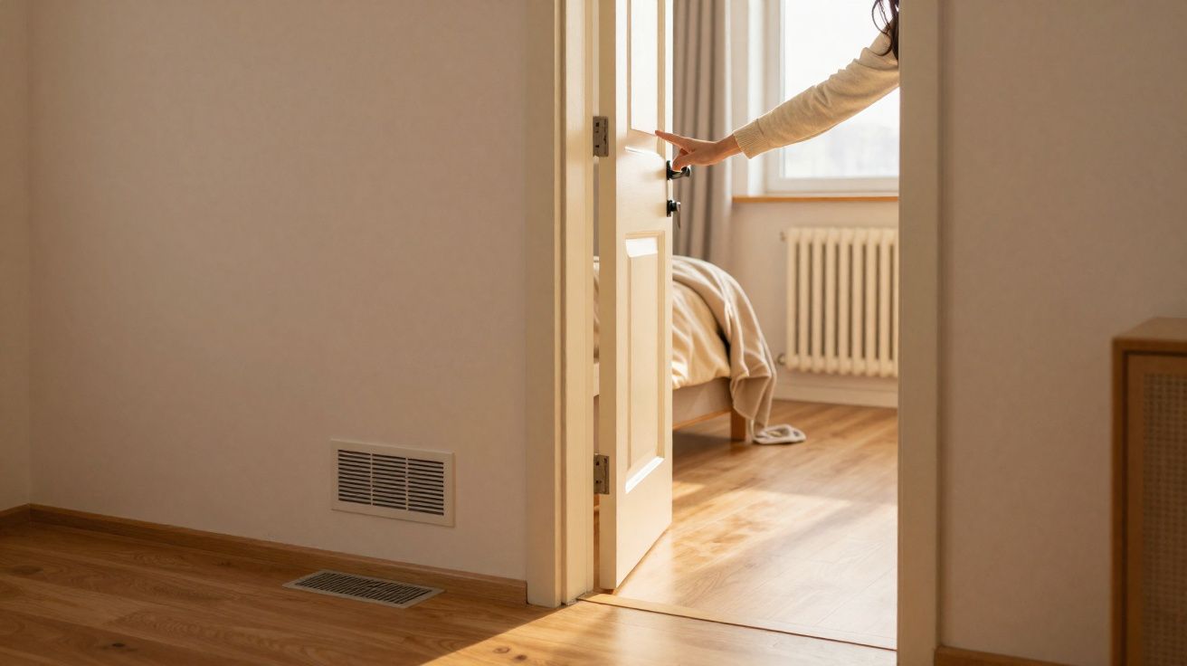 Pessoa a abrir uma porta para um quarto com uma cama e janela, chão de madeira claro e luz natural.