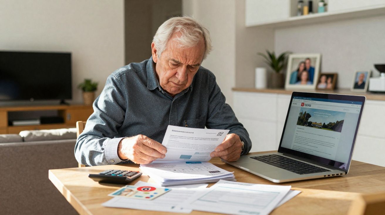 Homem idoso sentado a analisar documentos numa mesa com computador portátil e calculadora numa sala de estar.