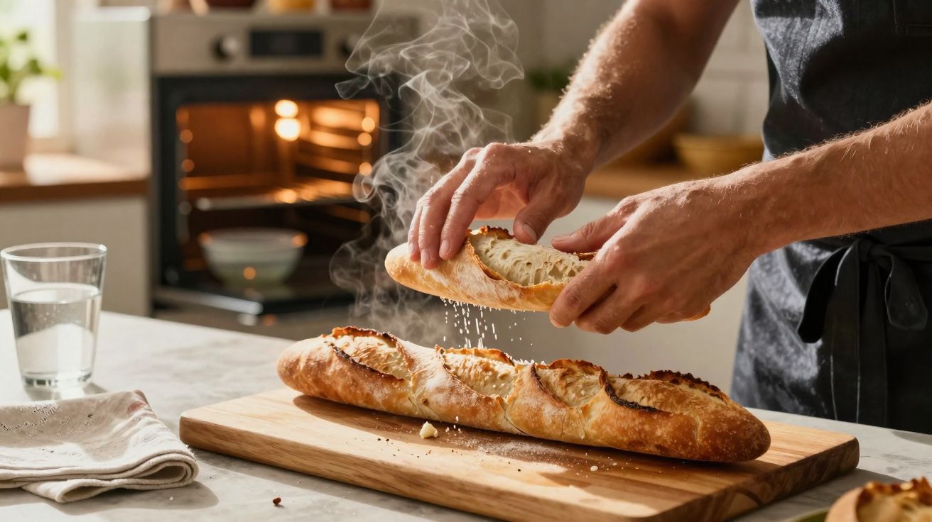 Pessoa a partir um pão baguete quente sobre tábua de madeira numa cozinha com forno ao fundo.