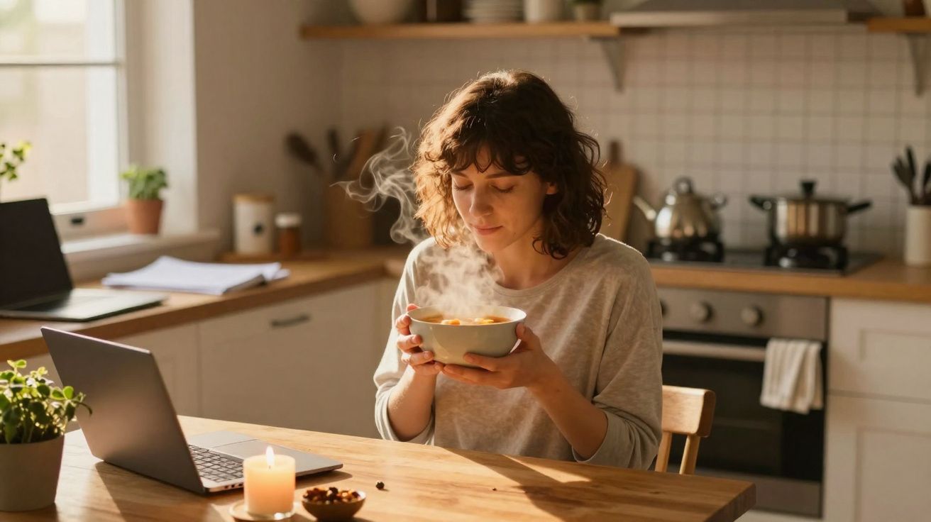 Mulher sentada na cozinha a cheirar uma tigela de sopa quente, com computador portátil à sua frente.