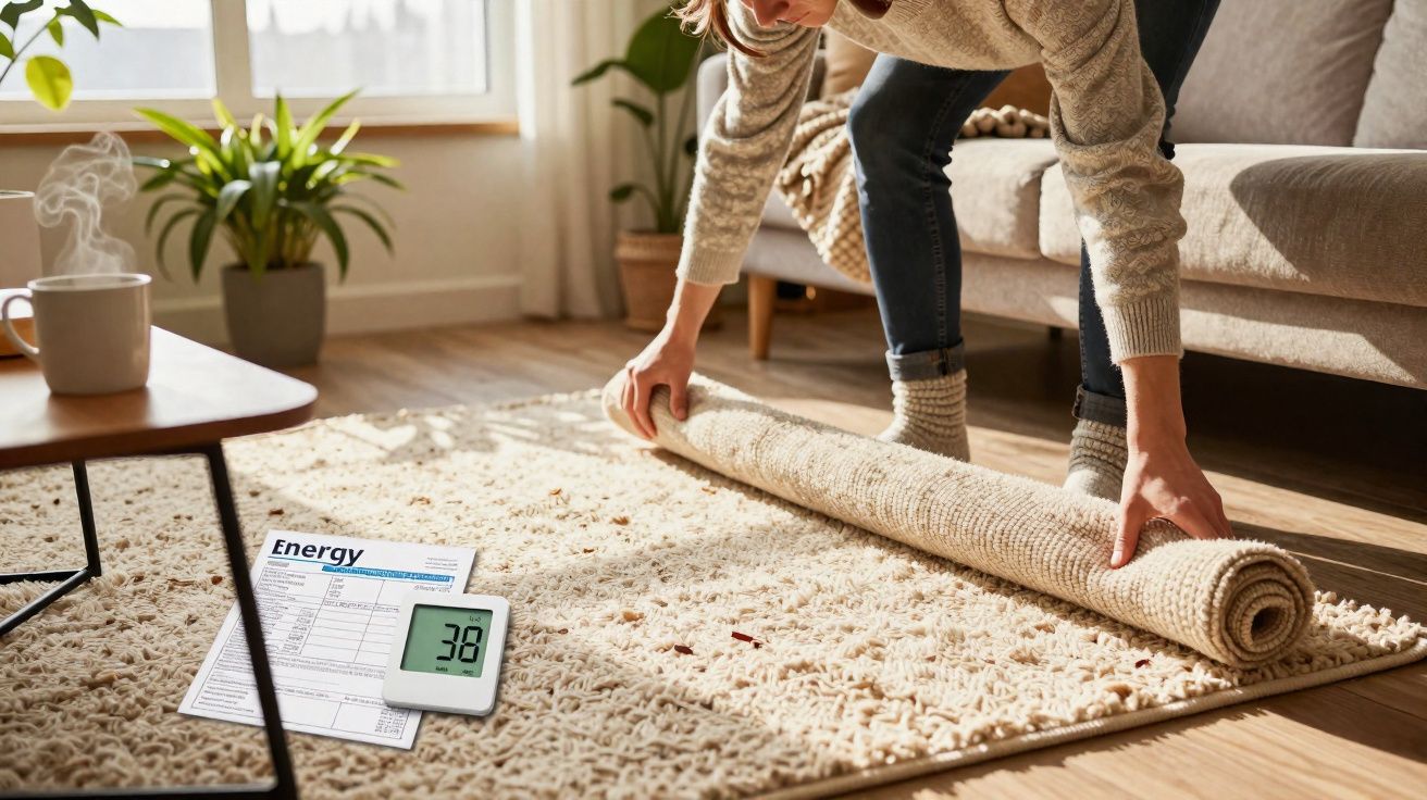 Pessoa a enrolar tapete em sala com termómetro digital e fatura de energia numa mesa baixa.