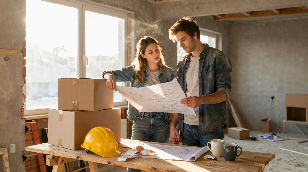 Casal jovem a analisar plantas de construção numa obra com caixas e capacete amarelo sobre mesa de madeira.