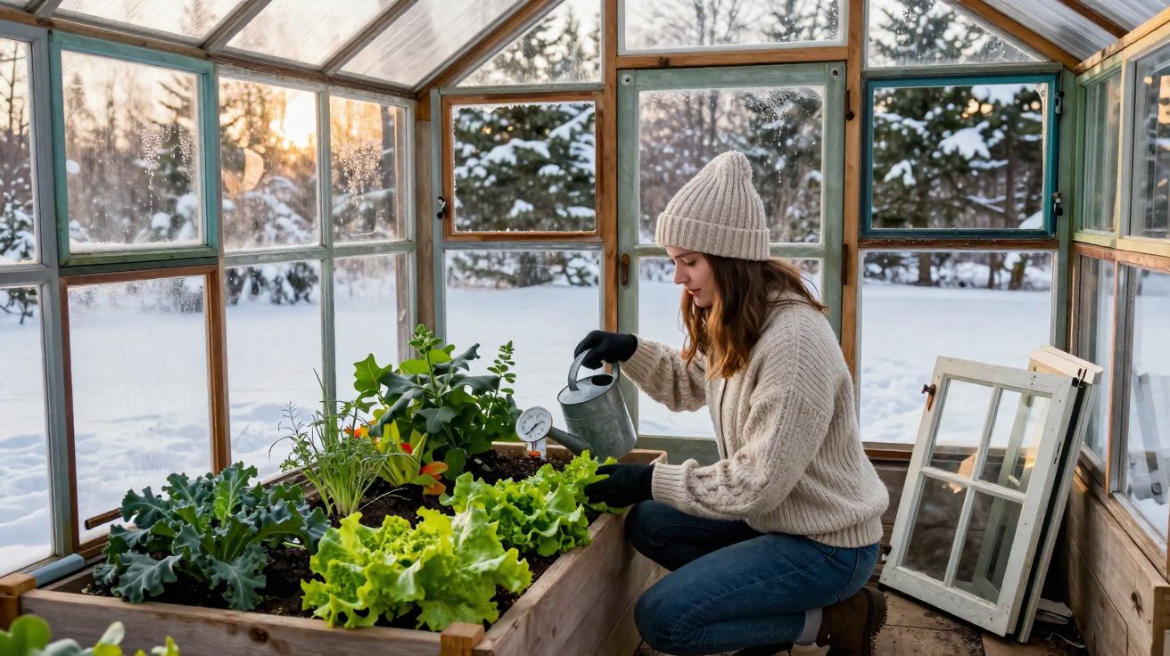Mulher com roupa de inverno rega plantas em estufa durante dia frio com neve lá fora.