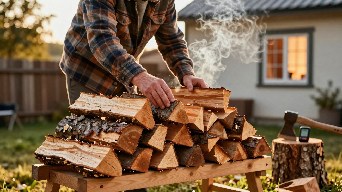Pessoa a empilhar lenha junto a uma casa com tronco e machado ao lado ao ar livre ao entardecer.